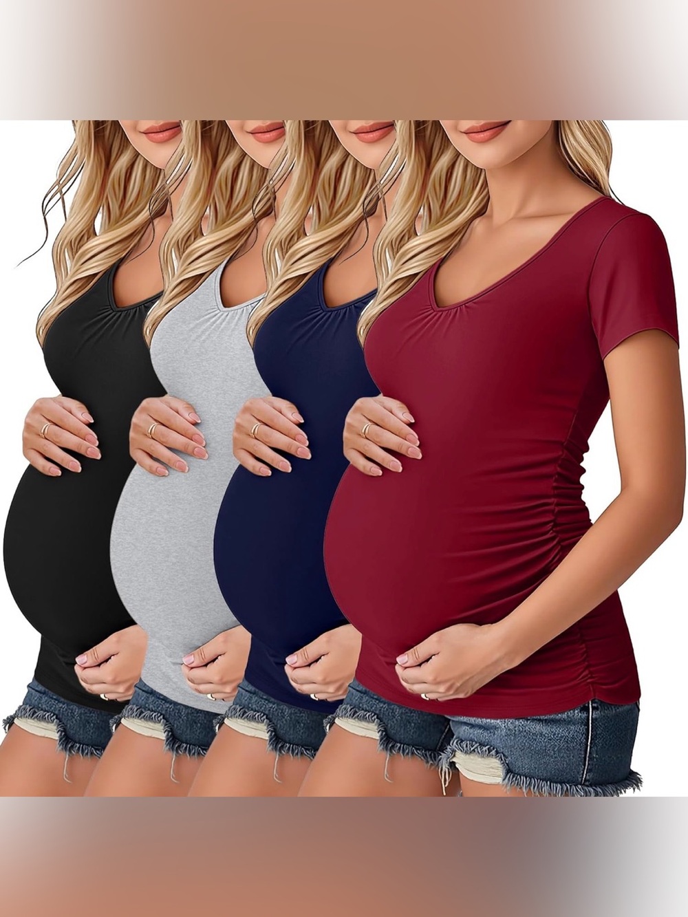 Women’s Maternity Short Sleeve V-Neck Top bundle - Black, Gray, Navy, Burgundy